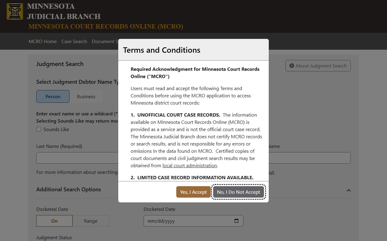 Cass County court records MCRO Judgment Search portal