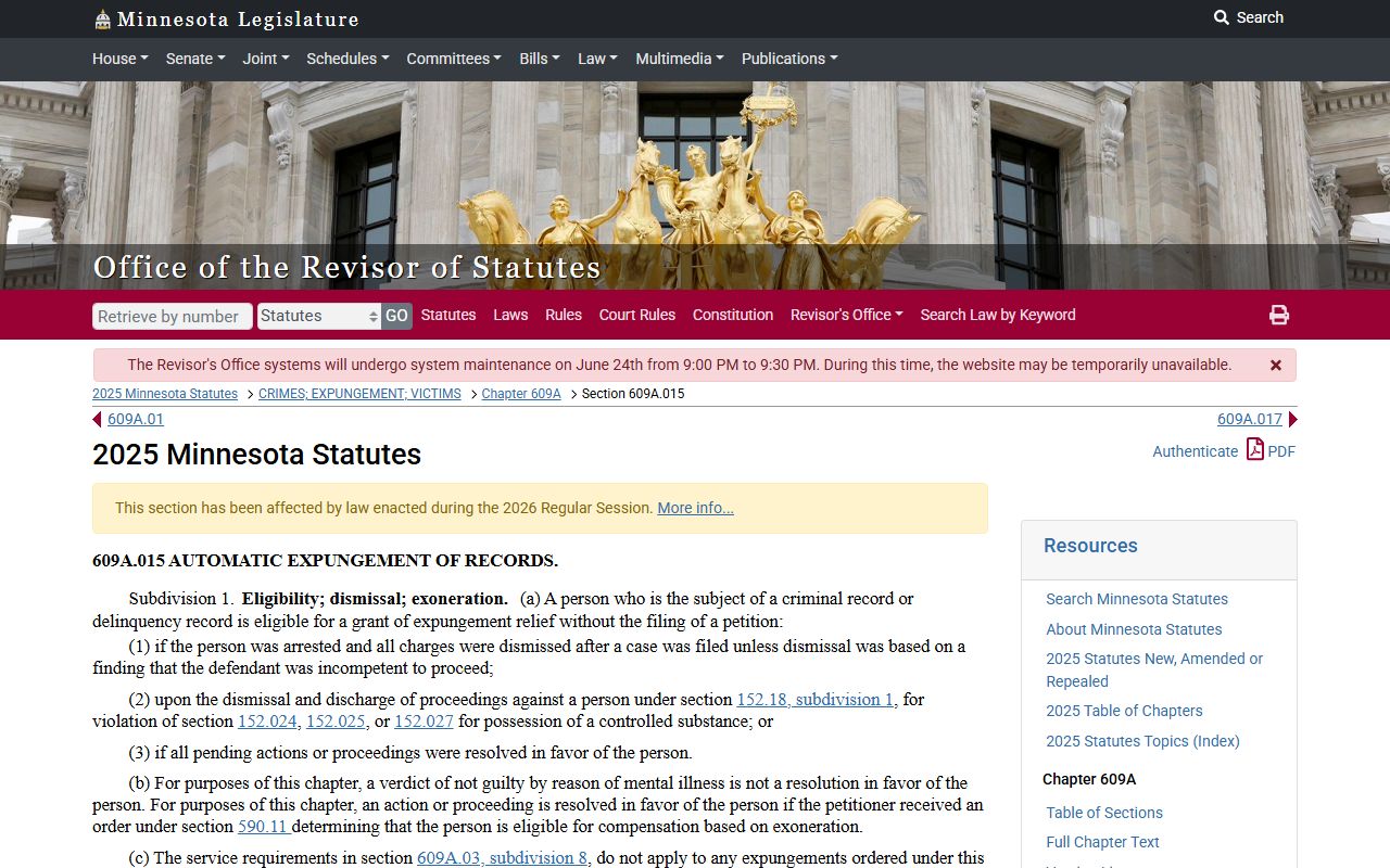 Cass County criminal court records Minnesota automatic expungement provision