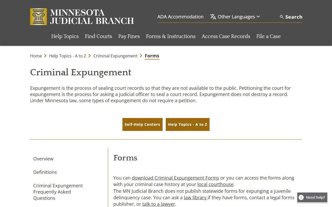 Cass County criminal court records Minnesota criminal expungement forms