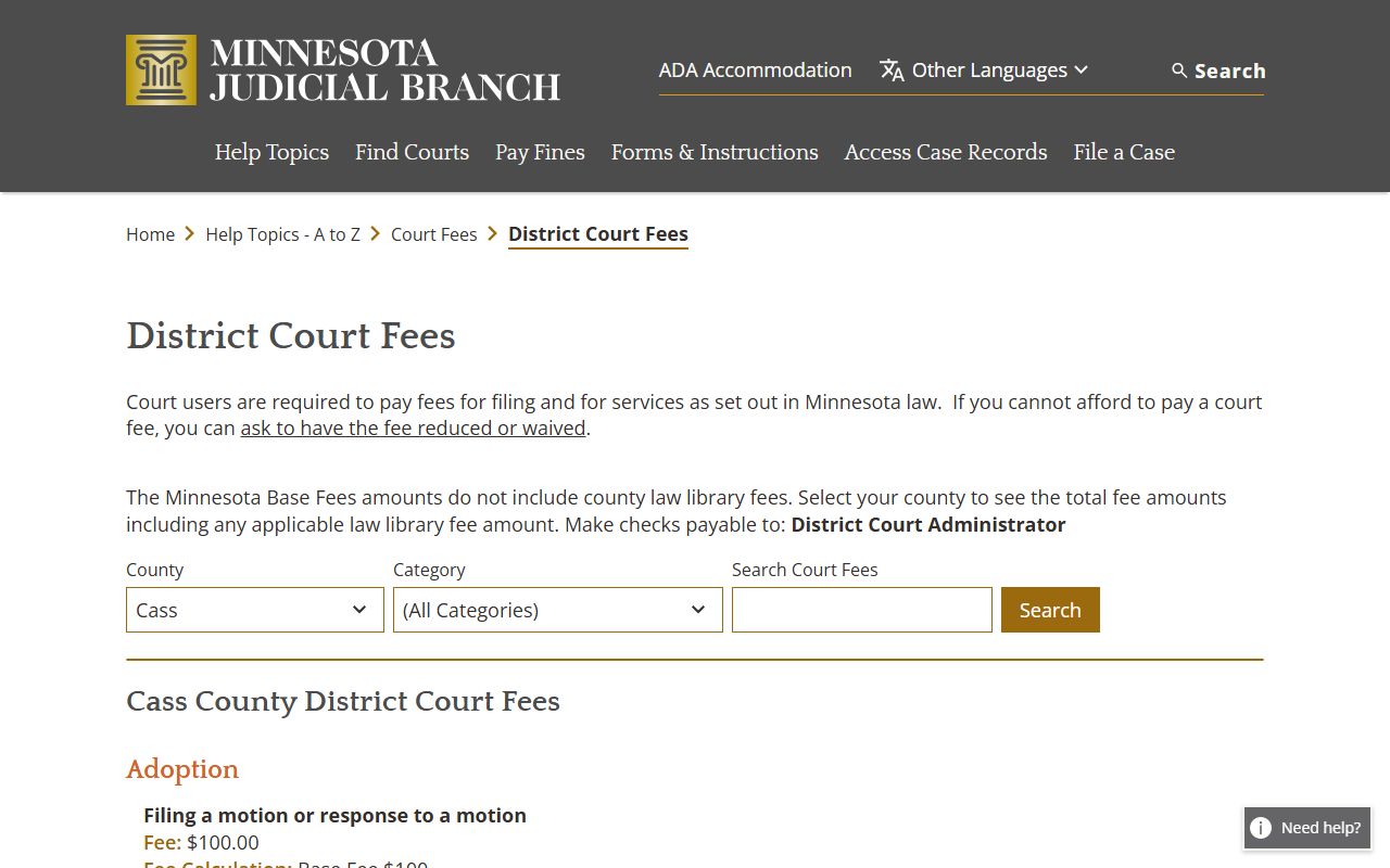 Cass County court records District Court fee page