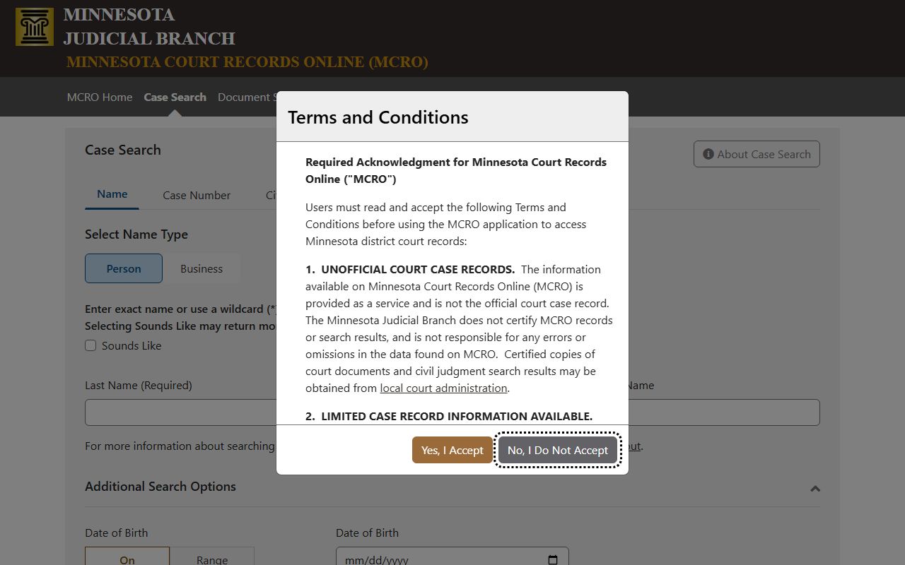 Cass County court records MCRO case search portal