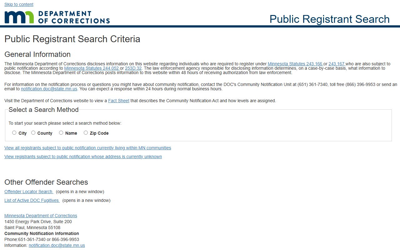 Cass County inmate search Minnesota DOC public registrant search