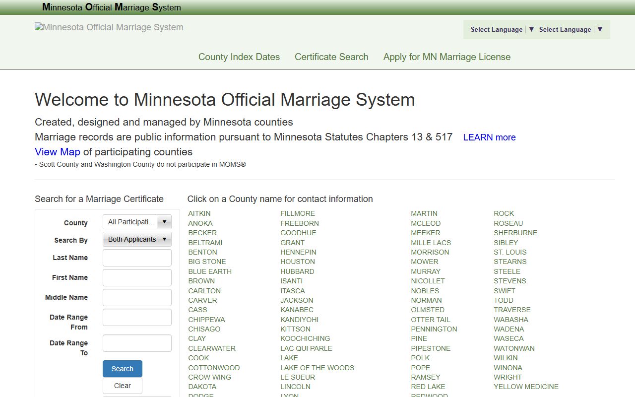 Cass County marriage records Minnesota Official Marriage System portal