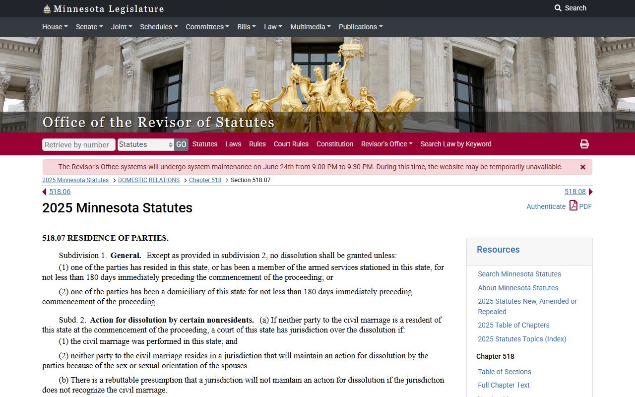 Cass County divorce records Minnesota residency statute