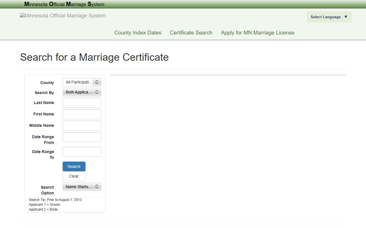 Cass County marriage records MOMS marriage certificate search fields